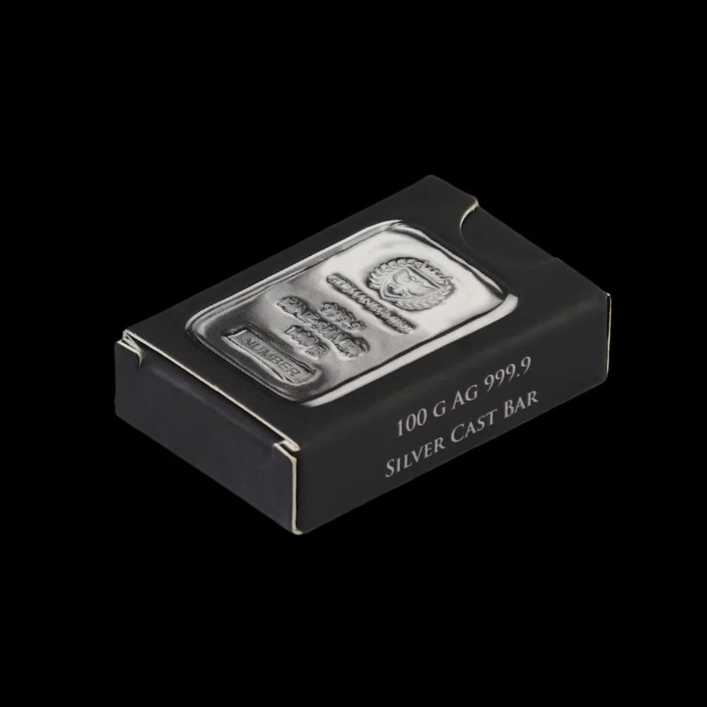 100 Gram Silver Cast Bar Germania Mint Box